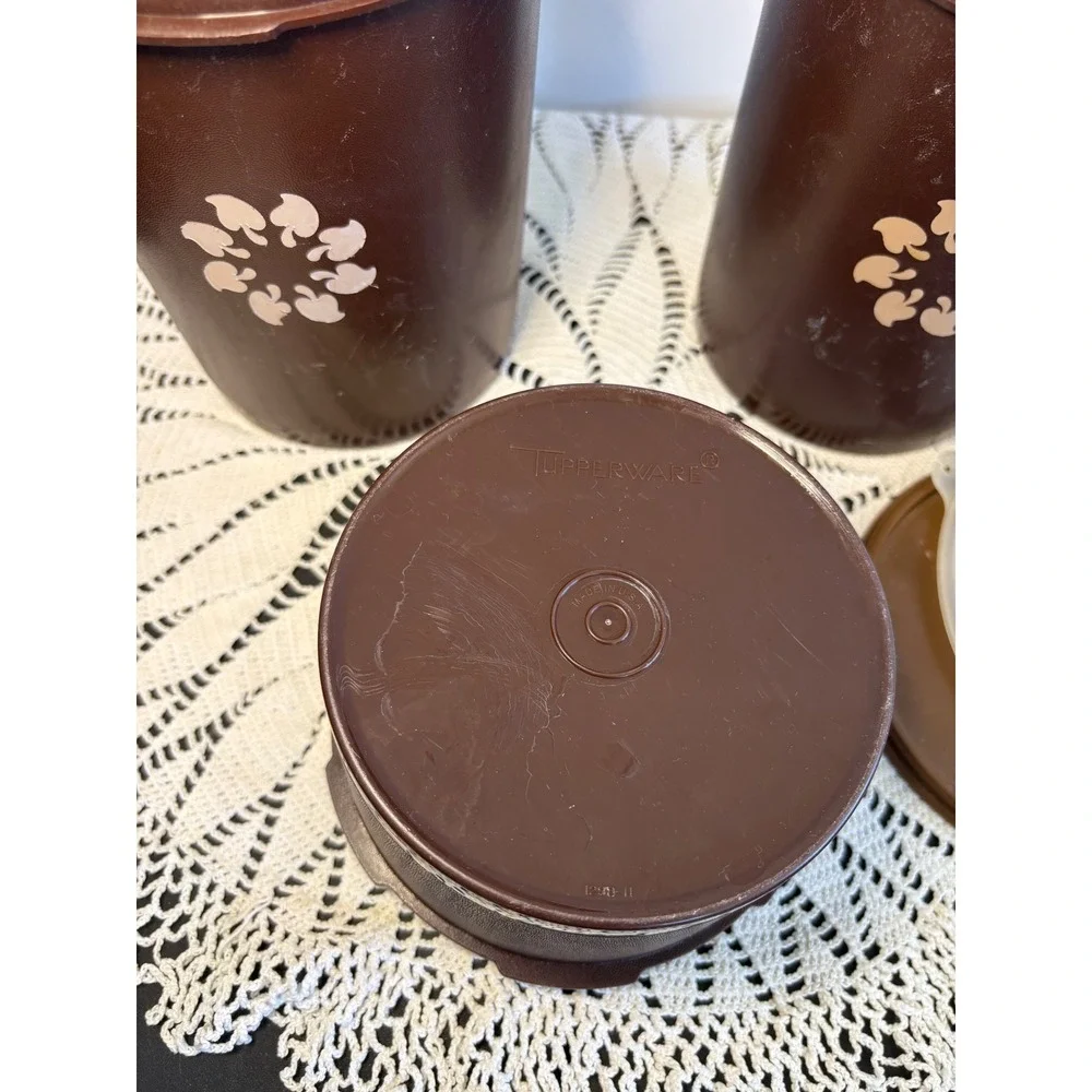 Vintage Tupperware Servalier Canister Set Brown Floral 809-13 809-14 1298-11 3pc
